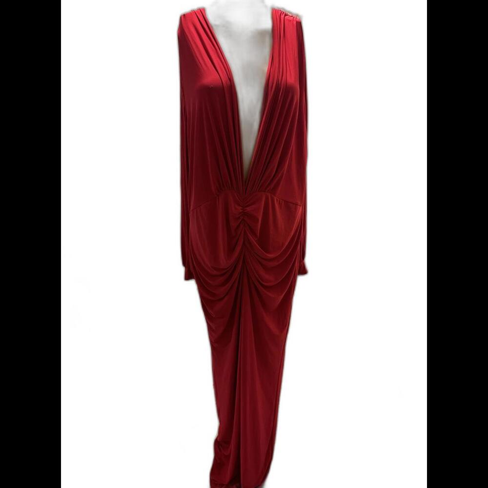 FASHION 2 FIGURE PLUS Elegant Deep V-Neck Red Draped Maxi Dress SZ 3 (22-24)